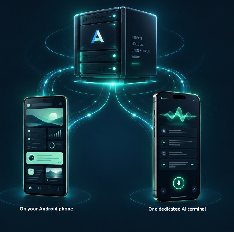 AMAISES private server connected to an Android phone and dedicated AI terminal